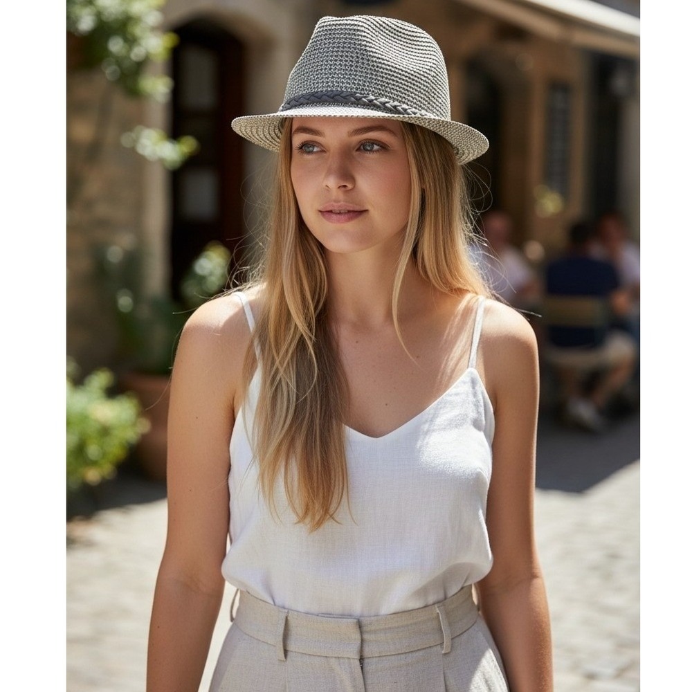 Nine west straw‎ looking Fedora hat with brown braided trim one size